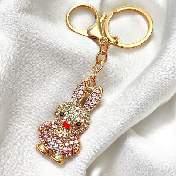 White and Pink Rhinestone Bunny Gold Tone Keychain - Picture 2 of 3